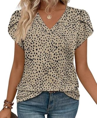 WIHOLL Womens Tops Dressy Casual Petal Sleeve Summer Spring Short Sleeve V Neck Shirts Work Business Vacation Clothes 2026