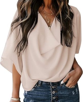 Dokotoo Womens 3/4 Sleeve V Neck Wrap Draped Front Blouses Tops